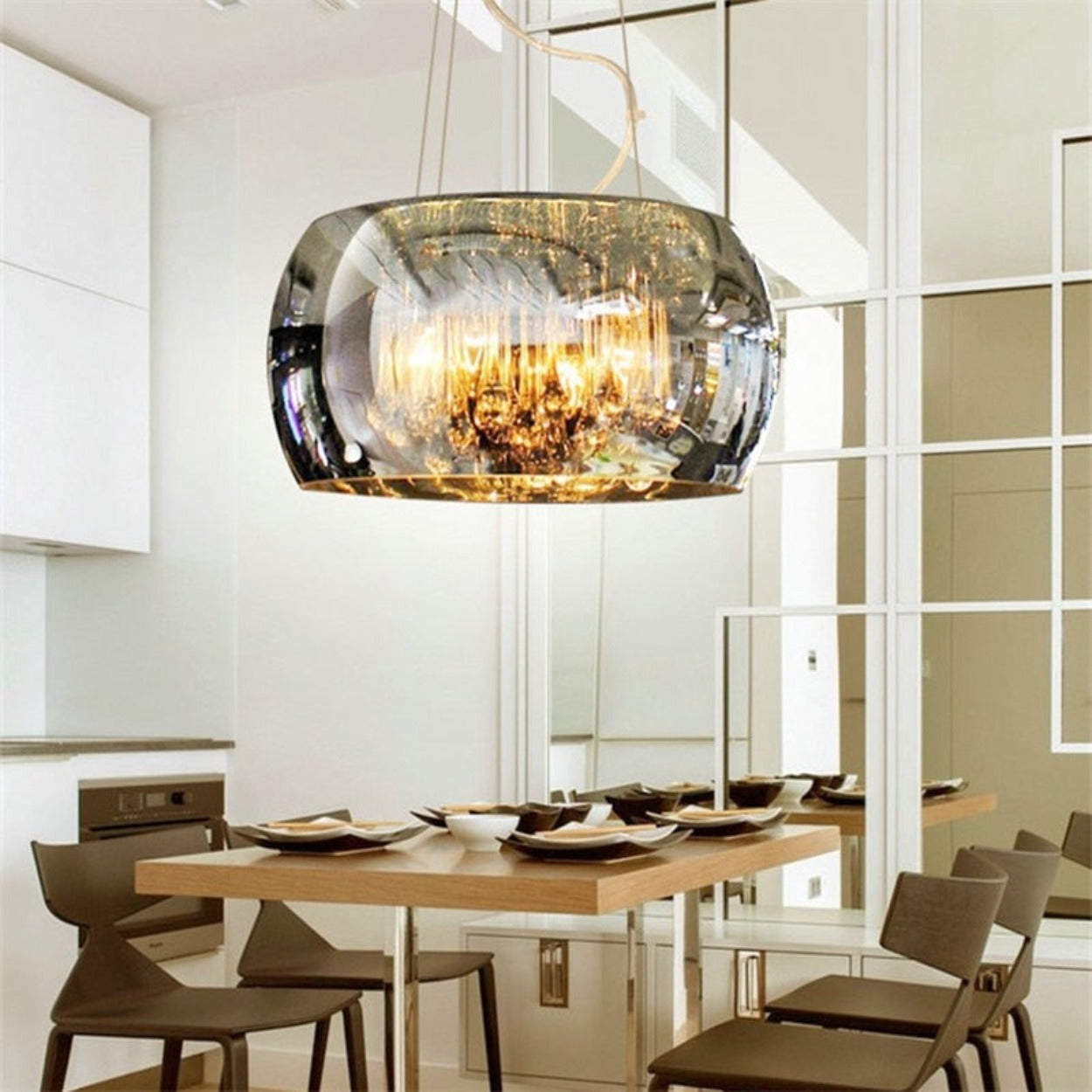 ANKUR DOMA PEARL GLASS DOME AND CRYSTAL LED HANGING CHANDELIER