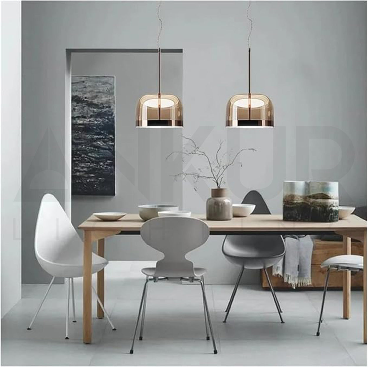 ANKUR BERLIN COPPER FINISH METAL AND AMBER GLASS LED PENDANT LIGHT