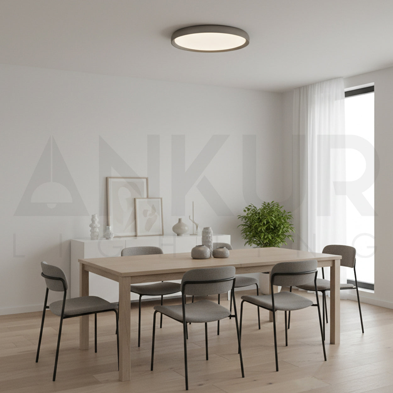 ANKUR LINDEN 3CCT LED WARM WHITE,COOL WHITE AND DAYLIGHT ALL THREE LED COLOUR IN ONE LIGHT BRUSHED GREY ROUND SURFACE CEILING LIGHT