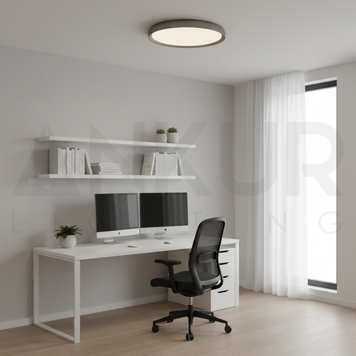 ANKUR LINDEN 3CCT LED WARM WHITE,COOL WHITE AND DAYLIGHT ALL THREE LED COLOUR IN ONE LIGHT BRUSHED GREY ROUND SURFACE CEILING LIGHT