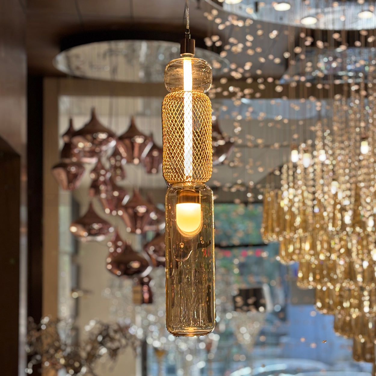 ANKUR RUNE METAL GLASS CAPSULE SHAPED PENDANT LIGHT FOR BEDROOM AND RESTURANTS