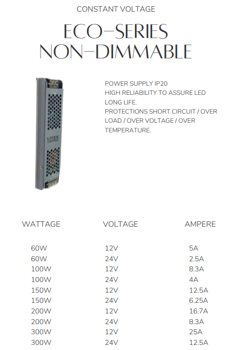 LITEX ECO SERIES NON DIMMABLE CONSTANT VOLTAGE LED DRIVER INDOOR RATED