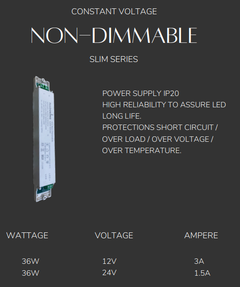 ALLOOKING SLIM SERIES NON DIMMABLE CONSTANT VOLTAGE LED DRIVER INDOOR RATED