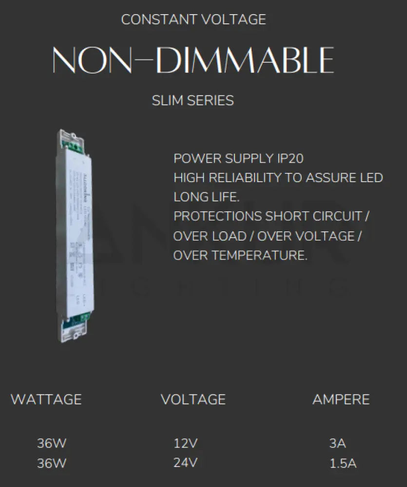 ALLOOKING SLIM SERIES NON DIMMABLE CONSTANT VOLTAGE LED DRIVER INDOOR RATED
