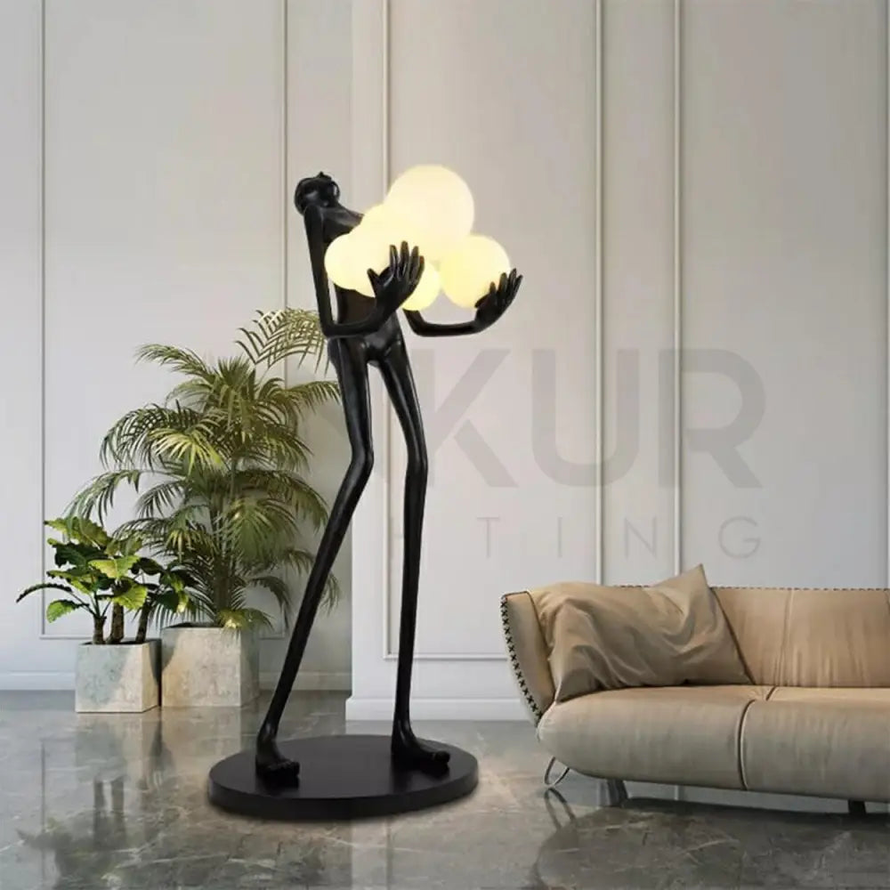 ANKUR BEAUTIFUL BLACK LADY SCULPTURE HOLDING LIGHT GLOBES FLOOR LIGHT - Ankur Lighting