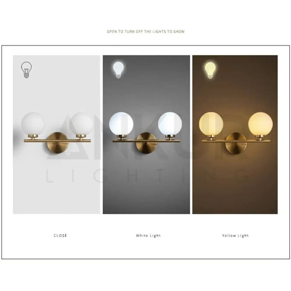 ANKUR DALTON CONTEMPORARY TWIN GLOBE LIGHT MILKY WHITE GLOBE GLASS SHADE WALL LIGHT VANITY LIGHT IN GOLD - Ankur Lighting