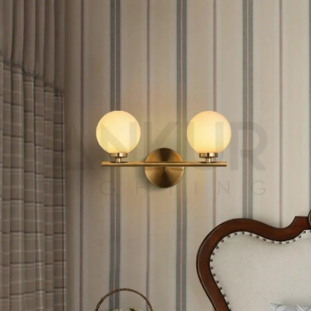 ANKUR DALTON CONTEMPORARY TWIN GLOBE LIGHT MILKY WHITE GLOBE GLASS SHADE WALL LIGHT VANITY LIGHT IN GOLD - Ankur Lighting