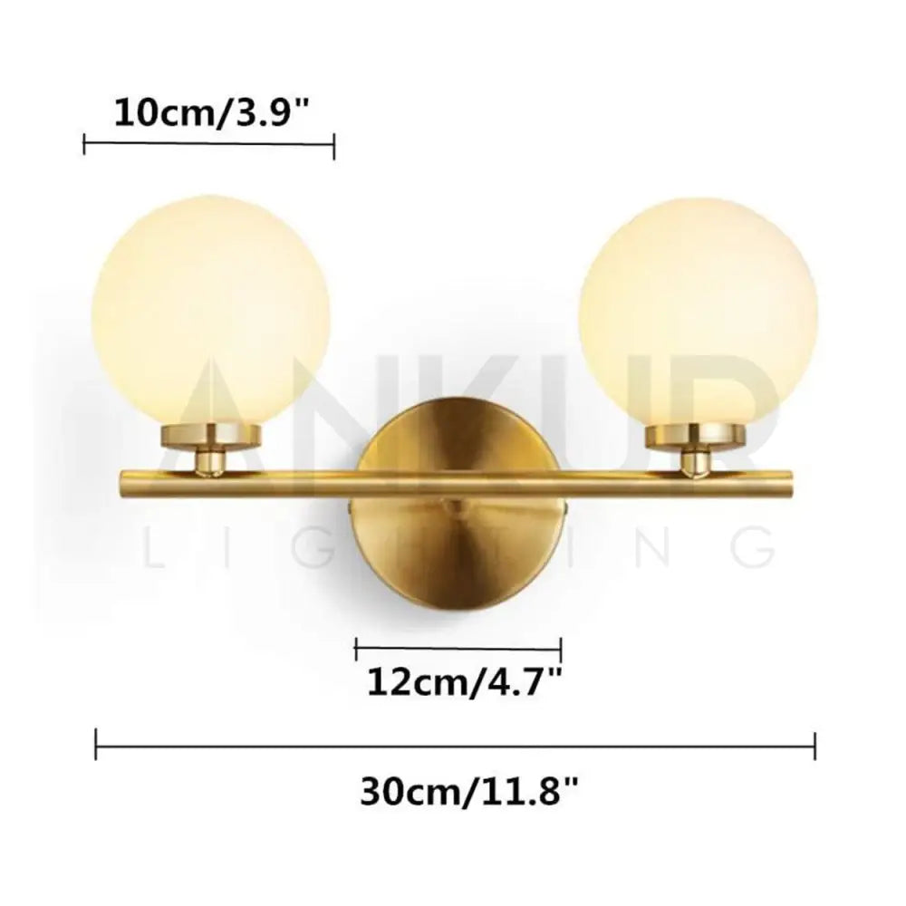 ANKUR DALTON CONTEMPORARY TWIN GLOBE LIGHT MILKY WHITE GLOBE GLASS SHADE WALL LIGHT VANITY LIGHT IN GOLD - Ankur Lighting