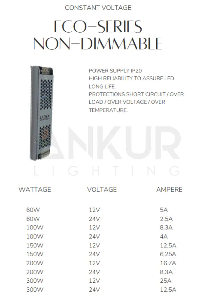 ANKUR LTX SERIES NON DIMMABLE CONSTANT VOLTAGE LED DRIVER INDOOR RATED