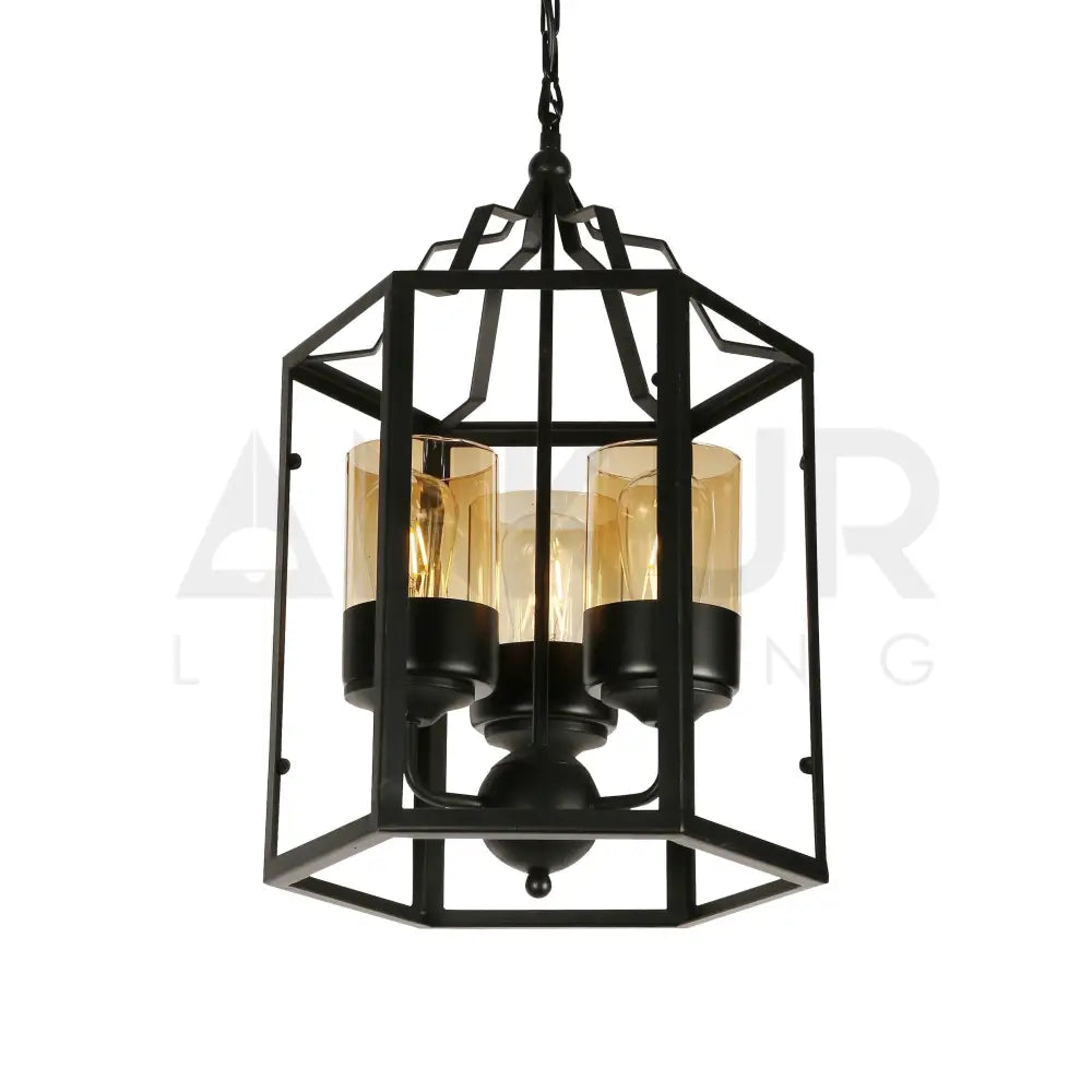 ANKUR UPTOWN 3 LIGHT BLACK METAL CAGE WITH AMBER/CHAMPAGNE GLASS CHANDELIER - Ankur Lighting
