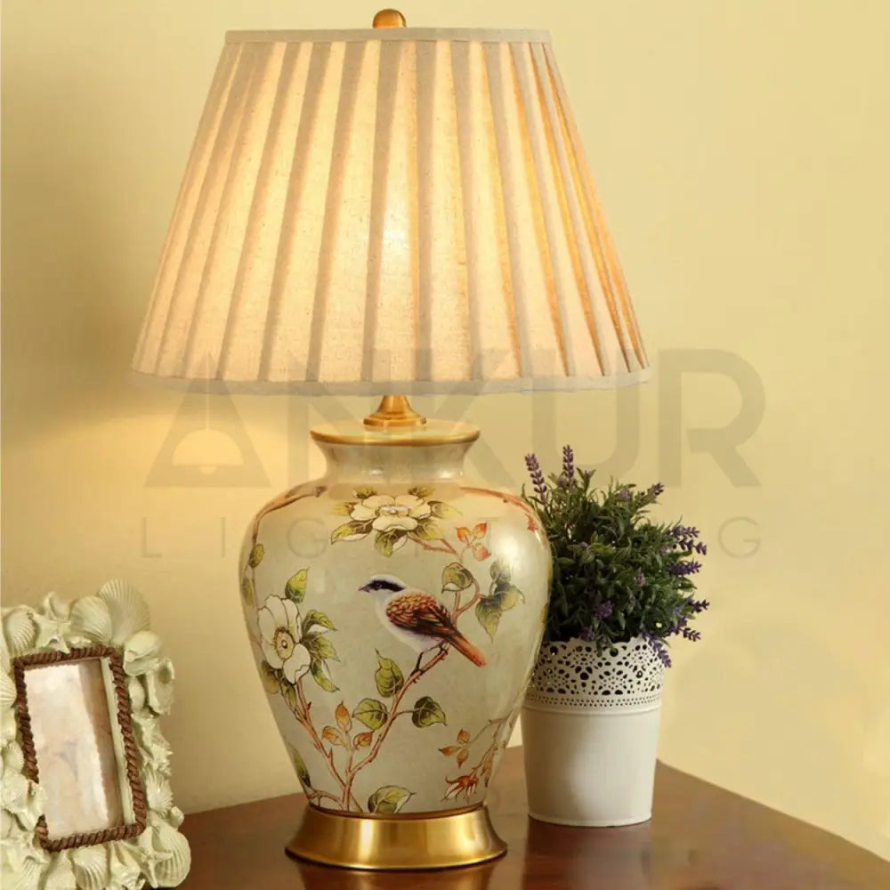 CHIRP FLORAL PATTERN CERAMIC TABLE LAMP SLIM AND FAT - Ankur Lighting