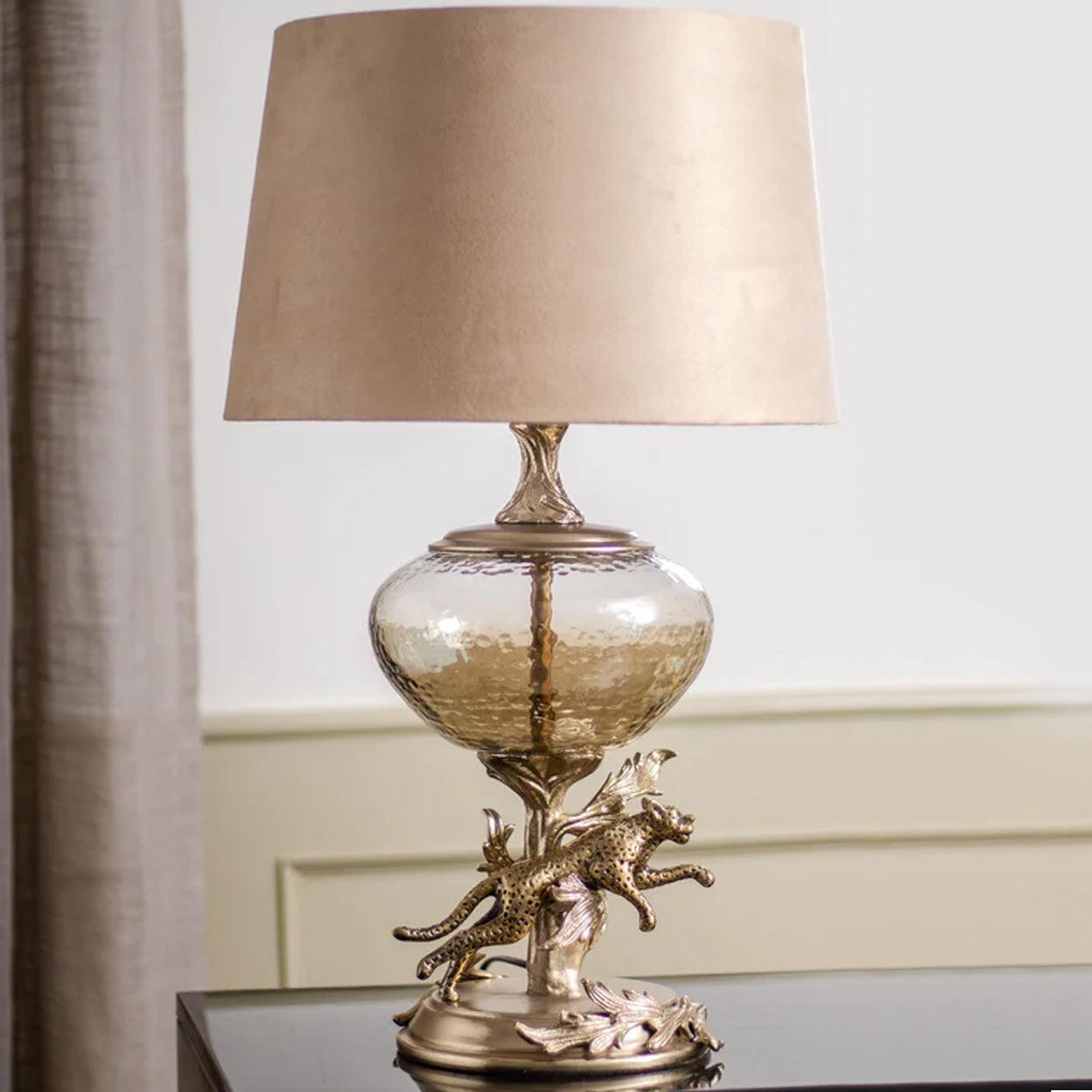 RUNNING LEOPARD HAND MADE METAL AND GLASS TABLE LAMP - Ankur Lighting