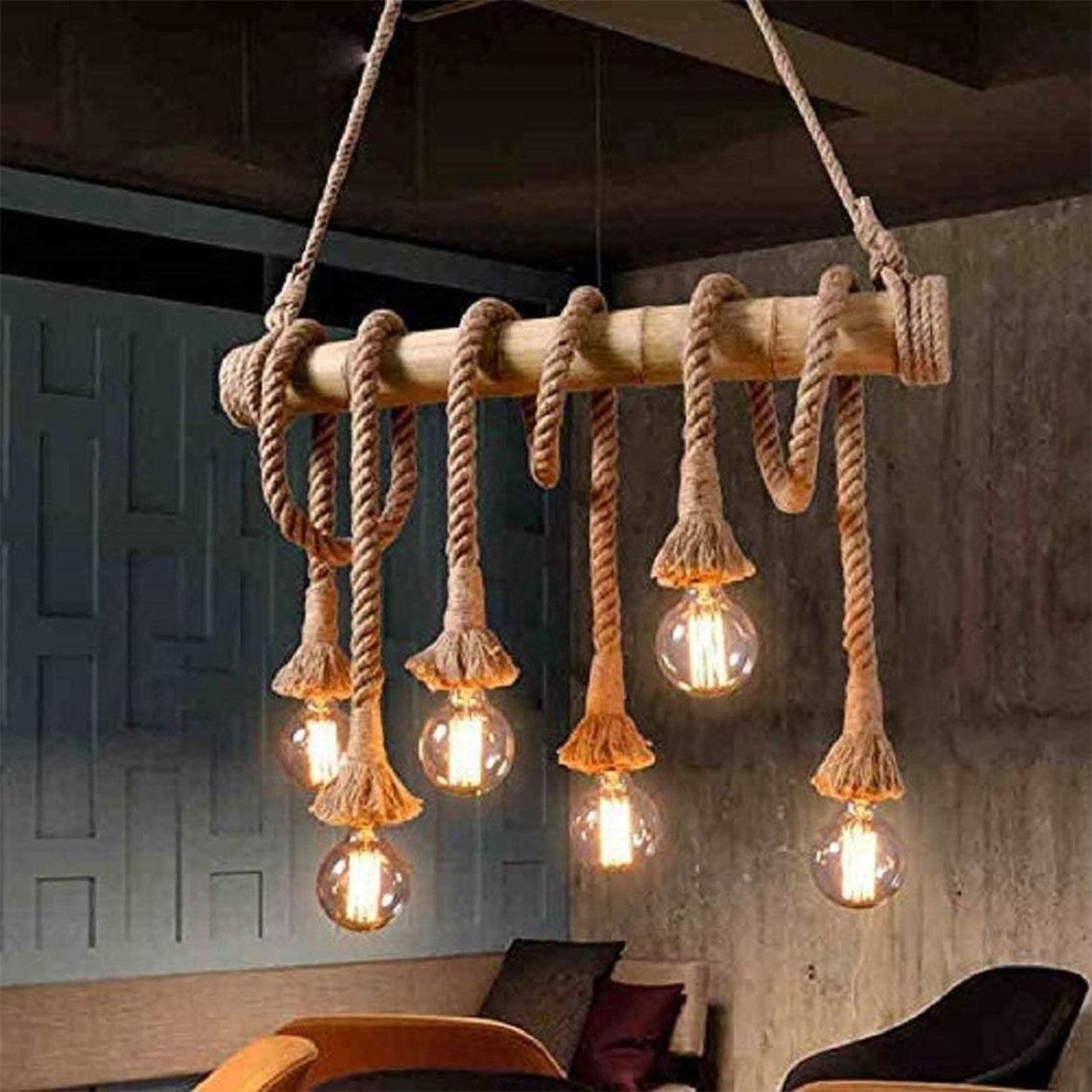 ANKUR BAMBOO 6 HEMP ROPE LIGHT CHANDELIER - Ankur Lighting