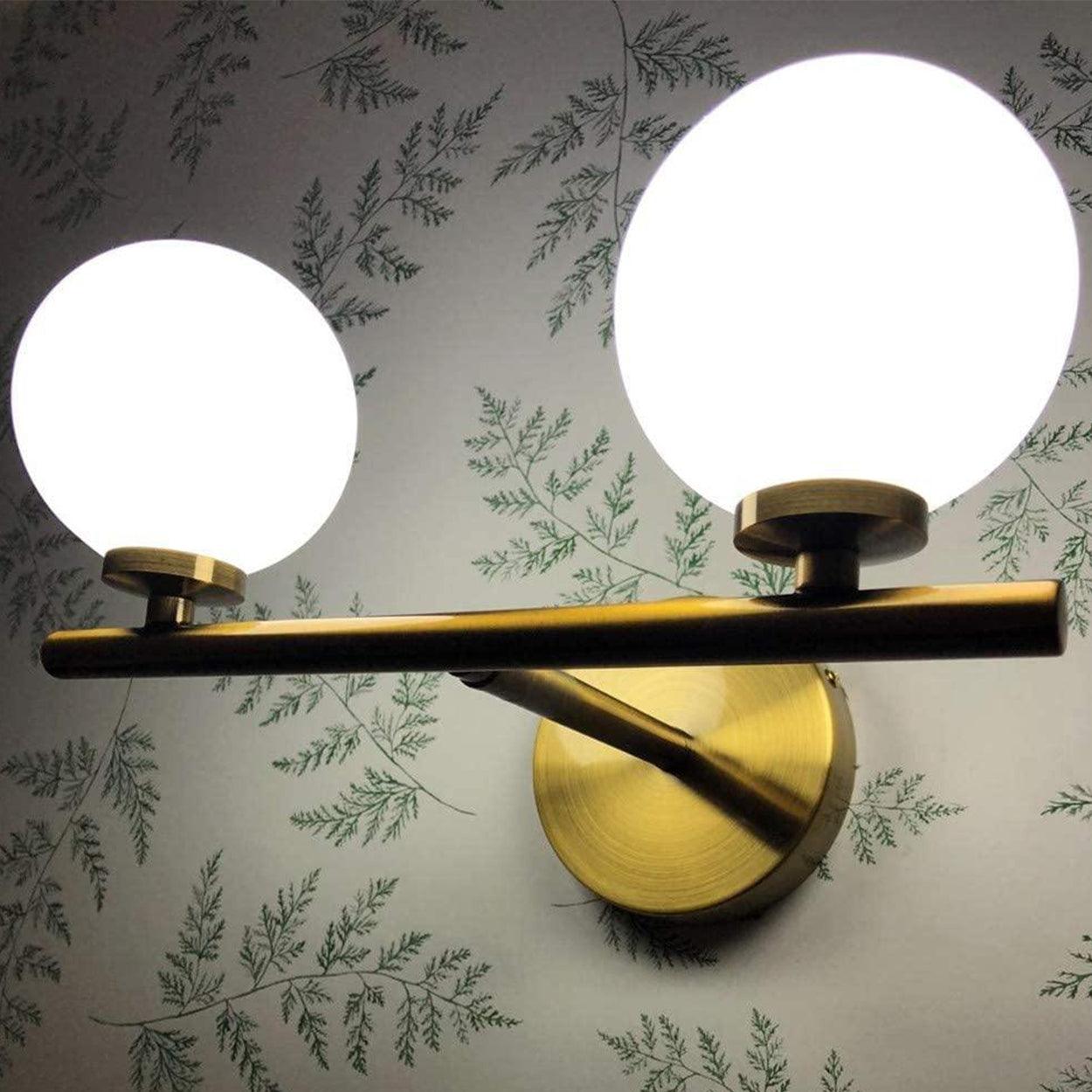 ANKUR DALTON CONTEMPORARY TWIN GLOBE LIGHT MILKY WHITE GLOBE GLASS SHADE WALL LIGHT VANITY LIGHT IN GOLD - Ankur Lighting