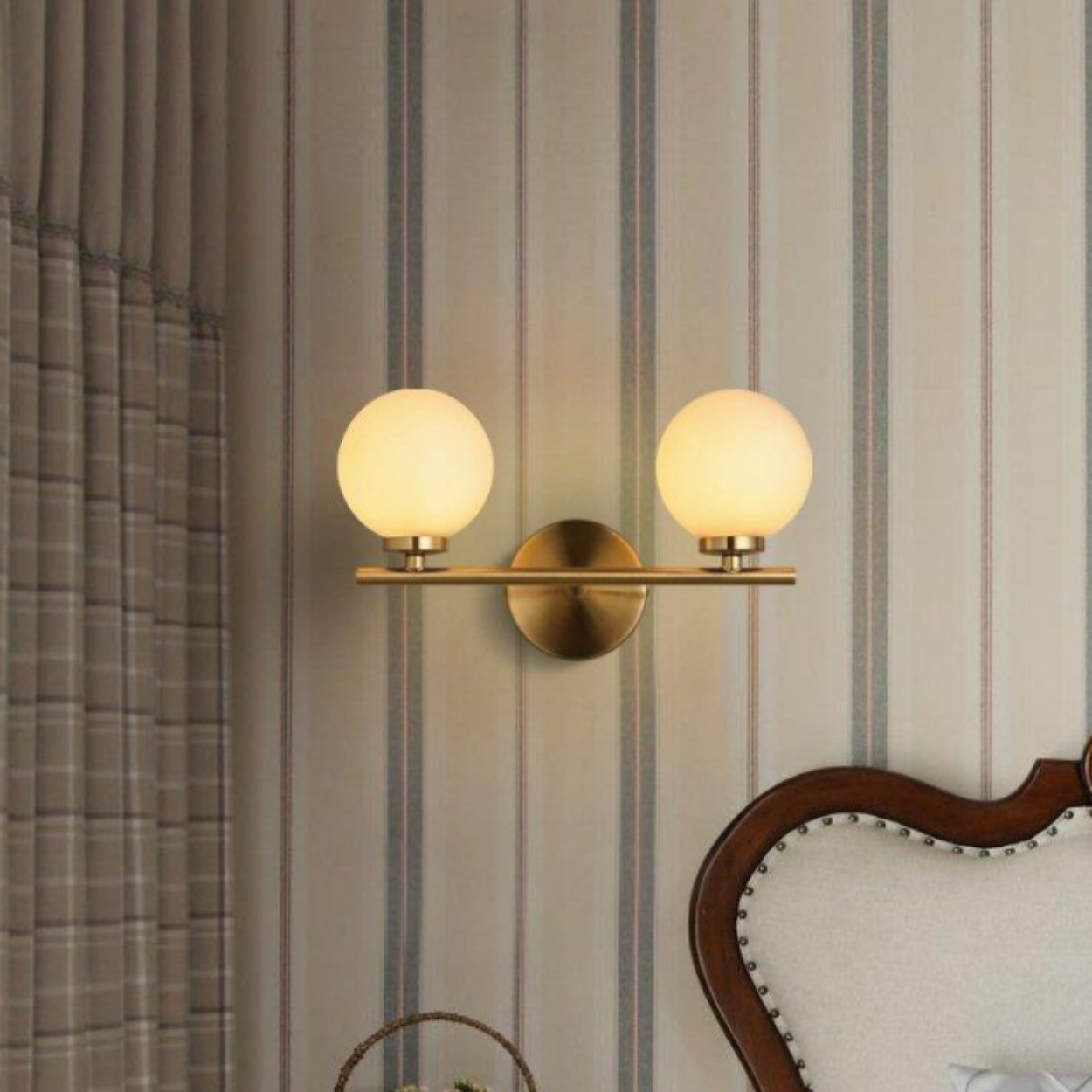 ANKUR DALTON CONTEMPORARY TWIN GLOBE LIGHT MILKY WHITE GLOBE GLASS SHADE WALL LIGHT VANITY LIGHT IN GOLD - Ankur Lighting