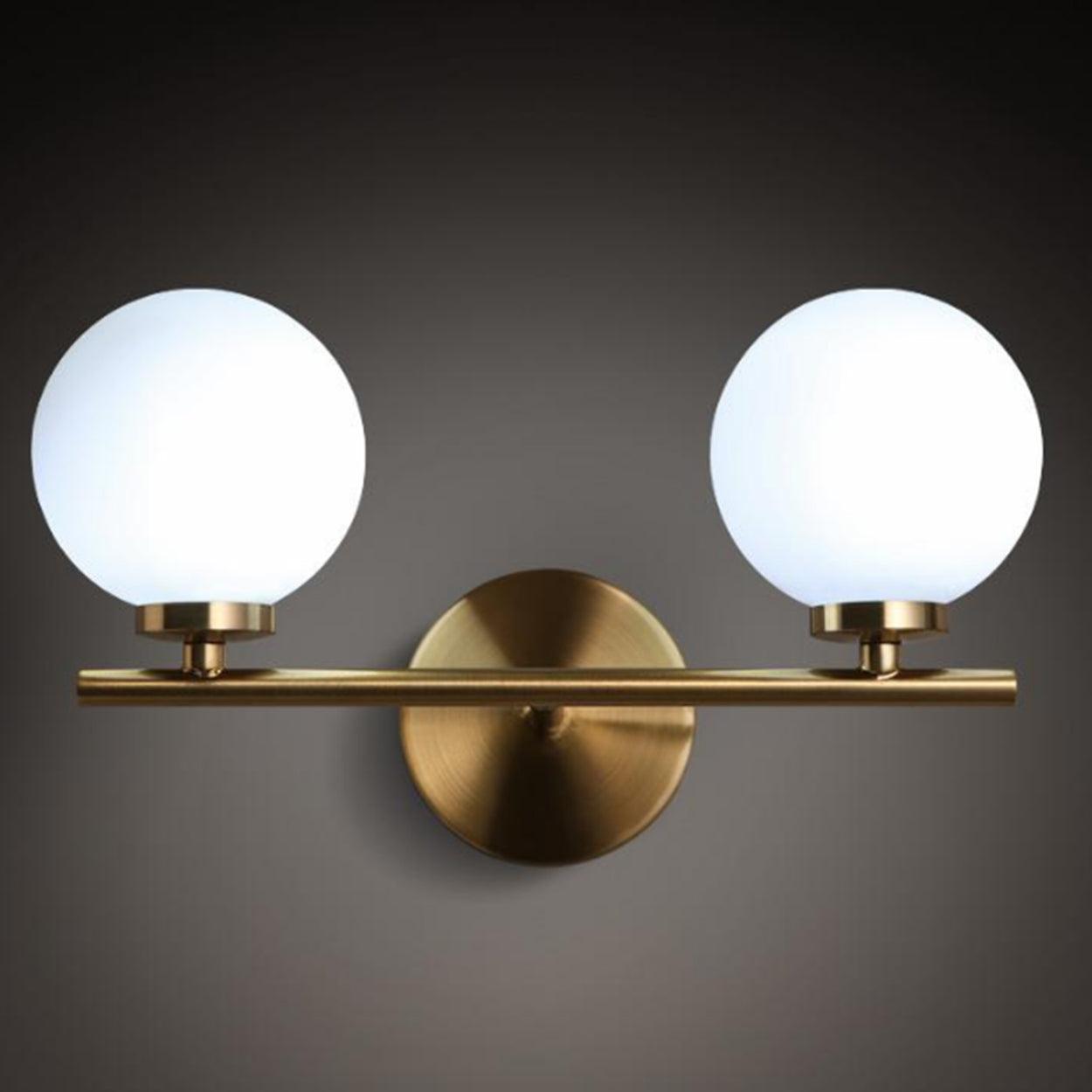 ANKUR DALTON CONTEMPORARY TWIN GLOBE LIGHT MILKY WHITE GLOBE GLASS SHADE WALL LIGHT VANITY LIGHT IN GOLD - Ankur Lighting