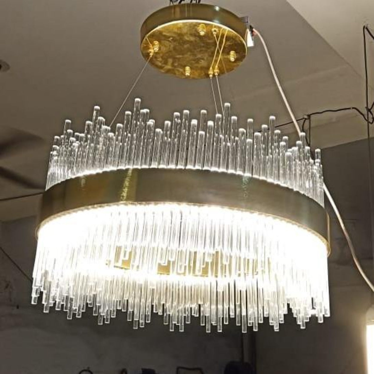 ANKUR GLASS PENCIL ROUND GOLD LED HANGING CHANDELIER - Ankur Lighting